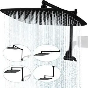 G-Promise All Metal 14 Inch Rain Shower Head with 16 Inch Adjustable Extension Arm | High Pressure Rainfall Showerhead | Luxury Modern Look Rectangular Large Waterfall Showerhead (Matte Black)