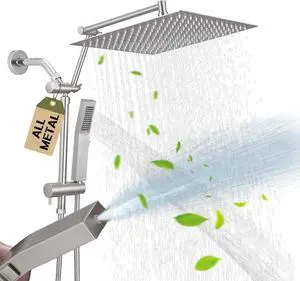 10 Inch All Metal Rain Shower Head with Handheld,High Pressure Handheld Shower Heads 2 in 1 With 3-way Diverter,16"Adjustable Extension Arm,Max.75" Flexible Hose,Brushed Nickel