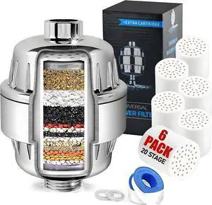 Shower Head Filter with 6 Pack Cartridges for Hard Water,20 Stage Vitamin C Shower Filter & Water Softener to Remove Lead,Chemicals,Chlorine,Fluoride & Heavy Metals,Chrome