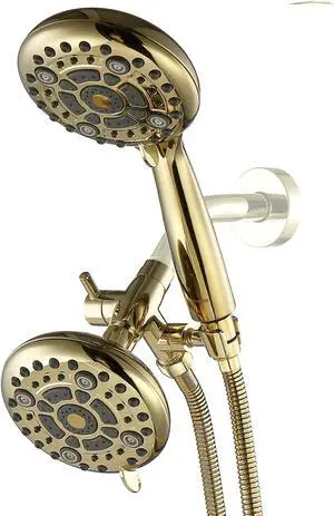 G-Promise High Pressure Dual Shower Head Combo, 72 Inches Flexible Stainless Steel Hose, 3-Way Solid Brass Diverter Bracket (Polished Brass)