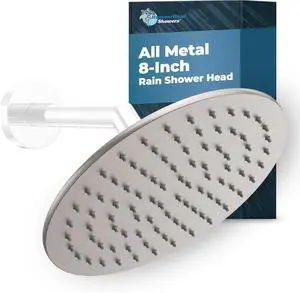 HammerHead Showers® ALL METAL 8 Inch Rainfall Shower Head  BRUSHED NICKEL - Shower Head Rainfall - 2.5 GPM High Flow Shower Head Optimized for Pressure  Large Round Rain Shower Heads
