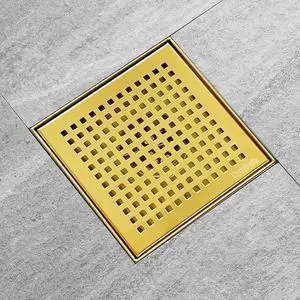 Neodrain 6 in Brushed Brass Square Shower Drain with Removable Quadrato Pattern Grate, PVC Shower Drain Base and Rubber Gasket, Gold 6" Square Drain with CUPC Certified, Golden Hair Strainer