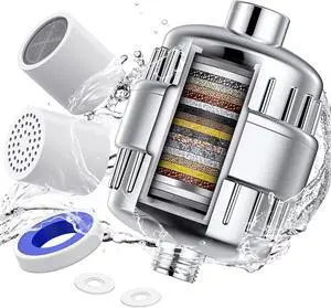 Shower Filter 20 Stage Showerhead Filter for Hard Water with 2 Replaceable Cartridges for Removing Chlorine Fluoride, Polished Chrome