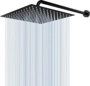 Voolan All Metal Shower Head with Extension Arm, Stainless Steel Waterfall Rainfall Showerhead, High Flow Bathroom Square Large Rain Shower Head (12 Shower Head with 15 Shower Arm, Black)