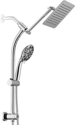 Rainfall 8 Inch Shower Head with High Pressure Handheld Spray Combo, Drill-Free Slide Bar with Adjustable Shower Extension Arm, 3-Way Low Diverter for Easy Reach, 5Ft Hose- Chrome