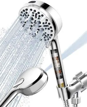 Filtered Shower Head with Handheld, High Pressure Shower Heads with Filter for Hard Water, 6 Spray Modes Detachable Showerhead with Hose and Bracket (Chrome Polished)