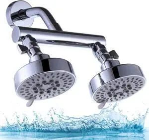 AZOS Double Shower Head with Shut-Off Valve, Bathathroom High Pressure Dual Fixed Rain Shower Head Combo with Brass Dual Outlet Manifold, Adjustable 5 Function Showerhead Chrome