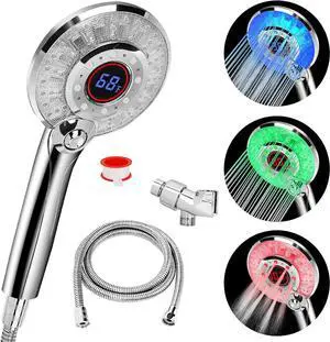 LED Shower Head Color Changing Handheld Shower Head High Pressure with Hose Water Saving Spray Showerheads Discoloration Warning Water Temperature Display 3 Spray Modes Easy to Install ?Chrome