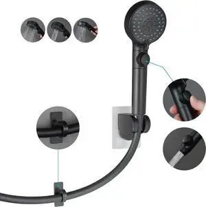 RV Shower Head with Hose,5-mode High Pressure Shower Head with On Off Switch Water Saving for Camper, No Drilling Wall Mount Handheld Shower Holder and Adhesive Hose Guide Ring (Black)