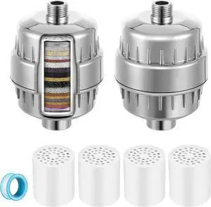 2 Pcs Shower Filter with 4 Pack 20 Stage Shower Filter Replacement, Heavy Duty Water Softener to Remove Chlorine, Fluoride, Heavy Metals, Iron, Improve Your Skin and Hair