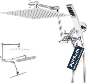 PDPBath All Metal 12" Rainfall Shower Head with 16" Upgrade Flexible Extension Arm, Shower Head with Handheld Combo,70" Extra Long Shower Hose, 3-Way Diverter, Chrome