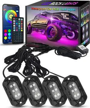 Tenmiro Car RGB LED Rock Lights Kit, 4 pods High Bright Multilcolor Waterproof IP68 with APP/Remote Control & Music Mode Rock Neon Light for Truck ATV UTV RZR SUV
