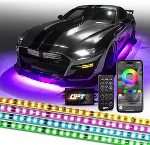 OPT7 Aura Flexible Underglow Car Lights with APP & Remote Control, Exterior Neon Accent Underbody Lighting Kit, 4 PCS RGB LED Light Strips for Cars Trucks RV, Waterproof, Multi Colors Music Mode, 12V