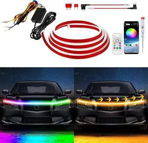 Exterior Car LED Hood Light Strip,RGB Multicolor Dynamic Scan Start Up Hoodbeam Kit with App & Remote Control,59 Inch 12V Updated Waterproof Hood Glow Lights for Cars, Trucks,SUV (1set)