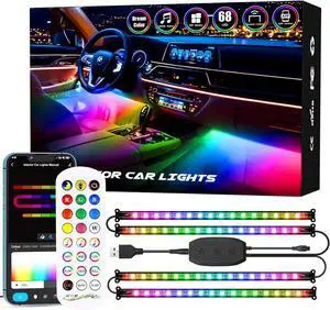 Interior Car Lights, 2-in-1 Design 5V 2.1A 4PCS 68 LEDs Lights APP Control with Remote, Music Sync Color Change, DIY, USB Powered Under Dash Trim Lights for Car