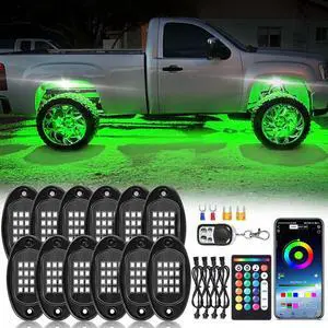 12Pods RGB LED Rock Lights Kit with APP/RF Remote Control, Car Underglow Lights with Dual Zone Brake Multicolor Neon Underbody Lights Waterproof 12V for Trucks Pickup Jeep Golf Cart SXS ATV