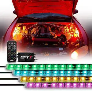 OPT7 Aura Engine Bay RGB LED Lighting Kit with Remote Control, 4 pc 12" Under Hood LED Light Strips, Multi Color Mode, Exterior Neon Accent Lights for Car Truck RV SUV