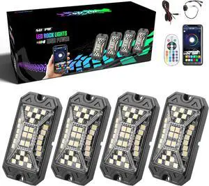 SUNPIE 4 Pods RGBW Rock Lights, Full Beam Angle, 30 High Power Chips, Aluminium Metal, Includes Mounting Pads, IP67 Waterproof, Music Mode Underglow Lights for Off Road Truck SUV ATV UTV Boats