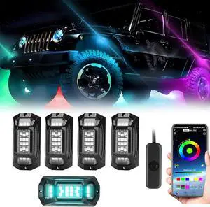 YUGUANG 4 Pods Rock Lights for Trucks, RGB Underglow LED Lights for Cars APP Control Music Mode Multicolor Exterior Under Glow Rock Light kit Waterproof for Car Truck ATV UTV RZR SUV