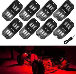 SUNPIE Wide Angle 8 Pods Red Rock Lights for Off Road Truck Car ATV UTV SUV Motorcycle Under Body Glow Light Lamp Fender Lighting, 32.8Ft Extension Wires Provided