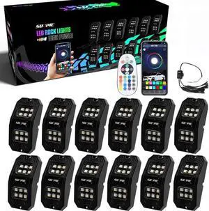 SUNPIE 12 Pods Upgraded 210 Degrees Wide Angle RGBW Rock Lights App Voice Mode Music Mode Automatic Control Neon Light Kit Wheel Well Lights for Off Road Truck SUV ATV UTV Boats
