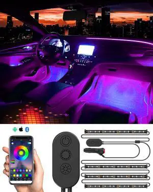 SUNPIE Car LED Lights Interior, RGB Universal LED Strip Smart Lighting w/Multi-Color App Control Waterproof LED Atmosphere Car Lights w/48 LED Chip 8.8ft Length and DC 12V Car Charger Sync to Music