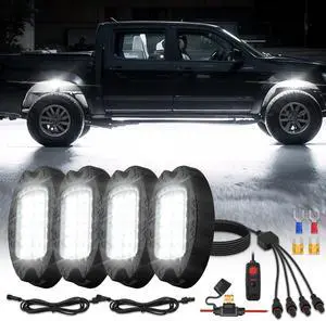 4Pods Metal Bright Pure White LED Rock Lights Kit with Switch Wiring Harness, 6500K 24LEDs Neon Underglow Light Aluminum Waterproof Fender Lights for Trucks Trailer Jeep Off Road ATV UTV