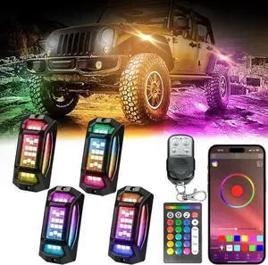 Rock Lights for Trucks, 4 Pods RGB LED Kit with APP/RF Remote Control & Music Mode, Full Angle Waterproof Underglow for Car, Jeep, UTV, RZR, SUV, ATV, Boat, Golf Cart