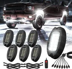 6 Pods Metal LED White Rock Lights for ATV SUV UTV RZR Car Trailer Truck Offroad, Alloy 6000K 24 LEDs Pure White Neon Underglow Light with Switch Extension Harness Under Trail Rig Fender Lighting