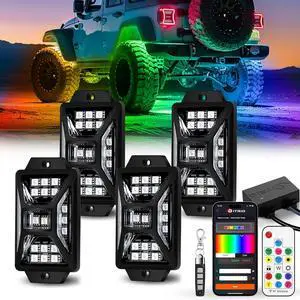 4 Pods Five Sided RGB Rock Lights for Trucks Jeep UTV SUV ATV, Multi Chasing Color App/Remote Control Led Rock Lights with Music Mode, Waterproof Exterior Underglow Kits for Cars