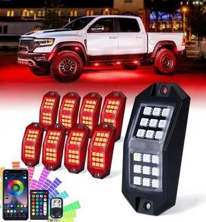 LUMENIX RGB LED Rock Lights Kit Bluetooth Multicolor Wheel Well Footwell Underglow Neon Light w/Remote Control Wide Angle Rocklight for Off-Road Trucks SUV Cars UTV RZR ATV Motorcycle - 8 Pods