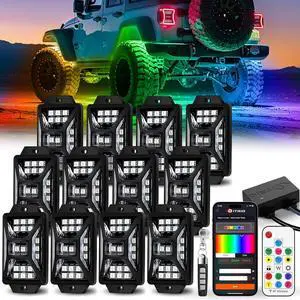 12 Pods Five Sided RGB Rock Lights for Trucks Jeep UTV SUV ATV, Multi Chasing Color App/Remote Control Led Rock Lights with Music Mode, Waterproof Exterior Underglow Kits for Cars