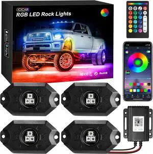 Rock Lights, ICICAR 4 Pods Aluminum APP Control RGB LED Music Mode Dual Remote IP68 Waterproof Truck Underglow Light, Rock Lights for Trucks