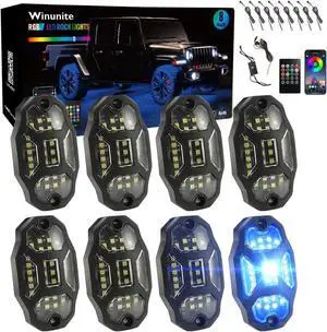 Winunite 8 Pods RGB Rock Lights 12V with Wires,Full Angle Waterproof Music Mode APP/Remote Control Multicolor Underglow Light Kit Wheel Lights for Off Road Trucks SUV ATV UTV Trailer Boats