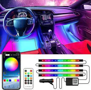 Interior Car Lights, Car LED Strip Lights with App & Remote Control, Multicolor Car Lights with DIY Mode and Music Sync Mode, 2 Lines Design LED Lights Decoration for Cars with Car Charger, DC 12V