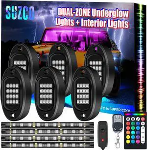 Clear Stock 6-Pack Trucks LED Underglow Pod Rock RGB Neon Under Wheel Well Lights Lights Kit, Dual-Zone 96LEDs + 27LEDs Interior Light Kit with APP/RF/IR, Sync Music Waterproof 12V