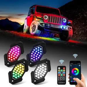 Upgrade 4 Pods RGB Rock Lights Kit - Multicolor Neon Underglow LED Pod Lights with Bluetooth App Control & RF Remote Control, Wheel Well Light for Trucks Jeep Wrangler ATV UTV SUV RZR Golf Cart