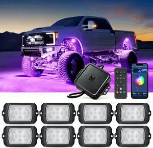 MICTUNING X2 RGB LED Rock Lights Kit - 8 Pods Neon Light Lighting Kit IP68 Waterproof with Bluetooth App & Remote Control, Music Sync Strobe Effects for Trucks Boat RV ATVs UTVs