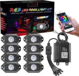 RGB LED Rock Light Kit, Auto Power Plus Neon Led Lights Waterproof Bluetooth Strobe Lights Underglow RGB led Lights for Truck SUV ATV Boat Motorcycle Off Road Car - 8 Pods