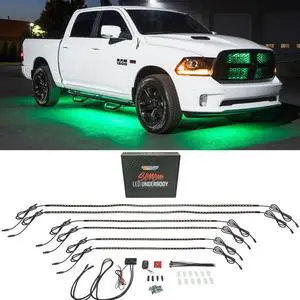 LEDGlow 6pc Green Flexible Truck Slimline LED Underbody Underglow Accent Neon Lighting Kit - 4 Unique Patterns - Water Resistant, Low Profile Tubes - Includes Control Box & Remote