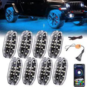 SUNPIE 8 Pods T15 Side RGBW Rock Lights High Power Aluminium Metal Underglow Wheel Well Lights with Phone App Remote Control Voice Mode Music Mode for Off Road Truck SUV ATV UTV Boats