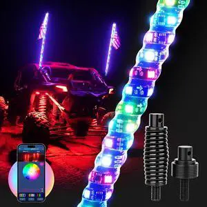 MICTUNING 2PCS 4FT W1 LED Whip Lights with Flag & Spring Base, RGB+IC Spiral Chasing Light with APP, Music Sync, Turn Signal & Brake Function for UTV ATV RZR Trucks Dunes