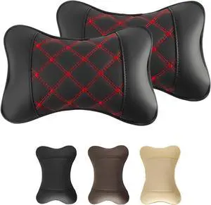2 Pack Car Neck Pillow PU Leather Automotive Headrest Pillow for Car Support Neck Pain Relief Universal Car Pillow (Red Black)