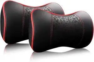 Car Leather Neck Pillows, Neck Rest Cushions,100% Memory Foam Cervical Support, Comfortable Travel car Seats and Home Office Soft Pillows, Red a Set (2 pcs)