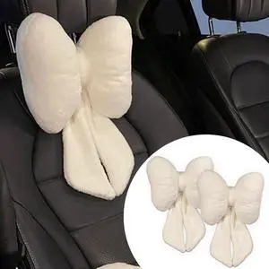 Car Neck Pillow 2PCS Plush Bowknot Car Headrest Pillow  Comfortable Neck Support for Driving Soft Touch Fabric Car Pillow Cute Girl-Style Interior Decor (White)