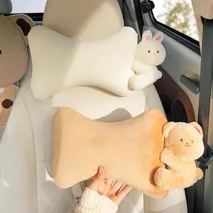 Car Headrest Pillow 2PCS Plush Bear  Bunny Car Seat Headrest Pillow - Memory Foam Neck Support Cushions for Comfortable Driving, Easy Install & Washable (Bear+Rabbit)