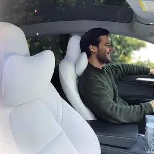 Upgraded Car Headrest Pillow 2 Packs Genuine Nappa Leather Car Neck Pillow Tesla Model Y Model 3 Model X Model S Universal Fit Neck Support Cushion White