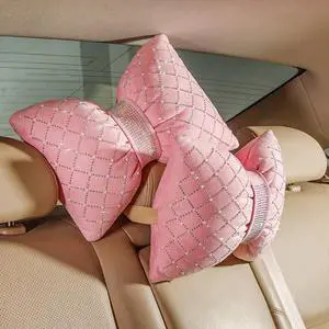 Car Headrest Pillow Pink Sparkly Bling Rhinestone Accessories for Women Bow Seat Neck Support Pillow for Travel Driver Chair Head Rest 2pcs