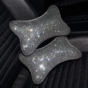 2 Pack Car Neck Pillow for Driving Seat Auto Headrest Cushion Head Rest Neck Support Relax Crystal Rhinestone Diamond Interior Bling Accessories for Women Girly Comfortable White