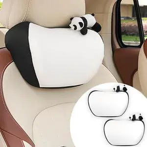 Car Headrest Pillow 2PCS Plush Bear  Bunny Car Seat Headrest Pillow - Memory Foam Neck Support Cushions for Comfortable Driving, Easy Install & Washable (Black Panda)
